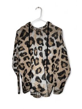 Leopard Print Knit Hoodie Sweatshirt - Beige/Black